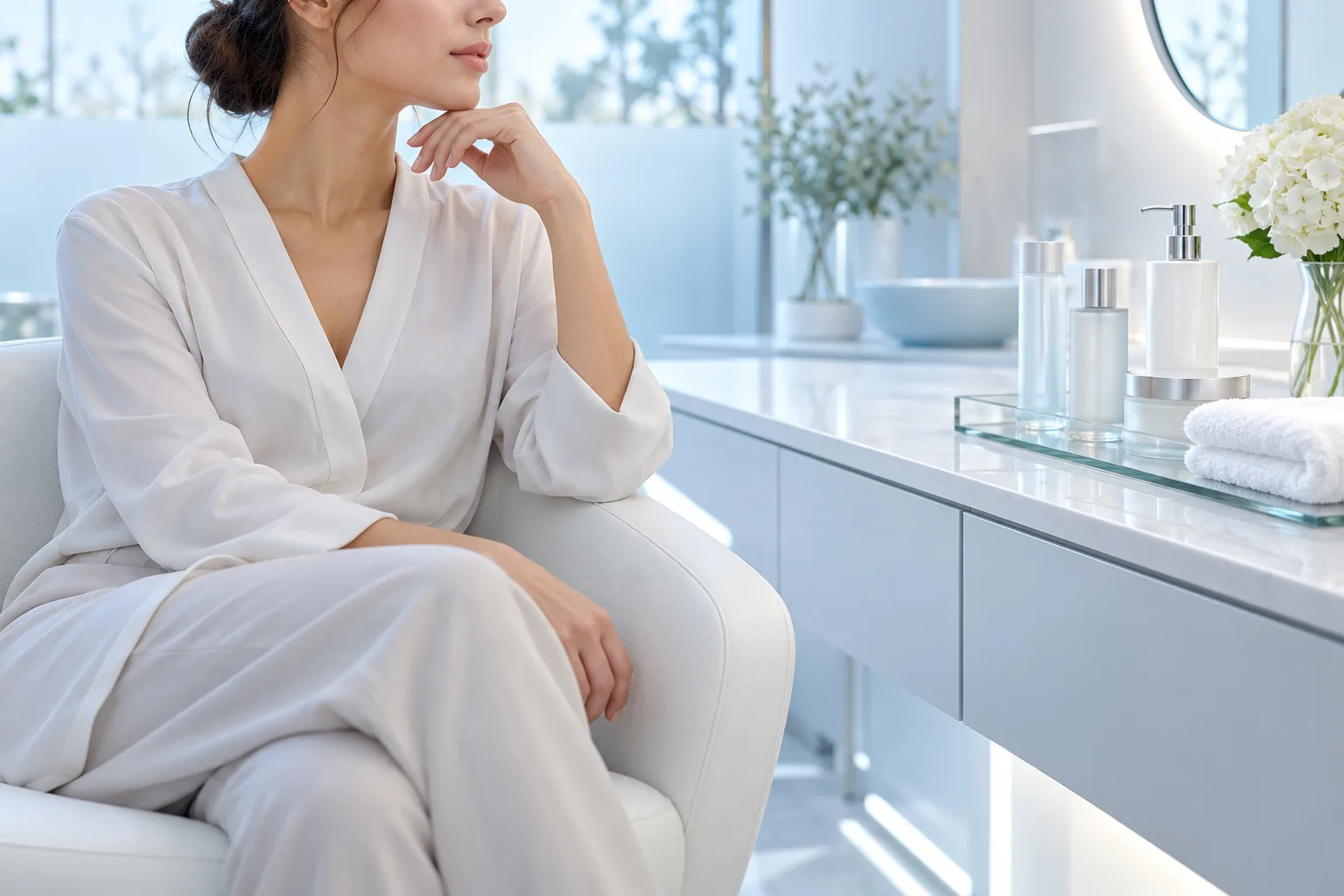A woman in white sitting in a chair beside a bright treatment counter