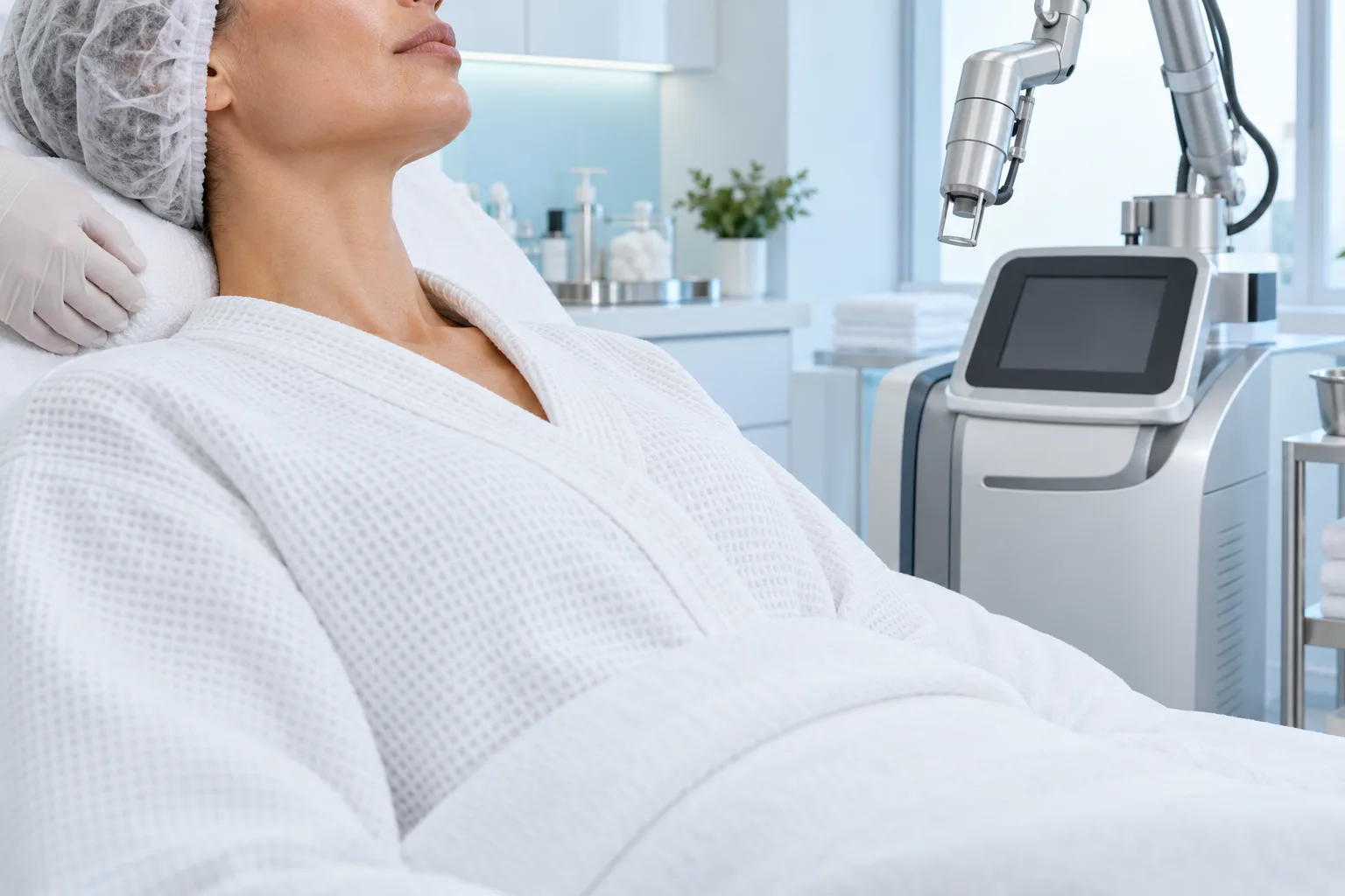 A woman in a robe and hair cap reclining beside a laser unit with an articulated arm