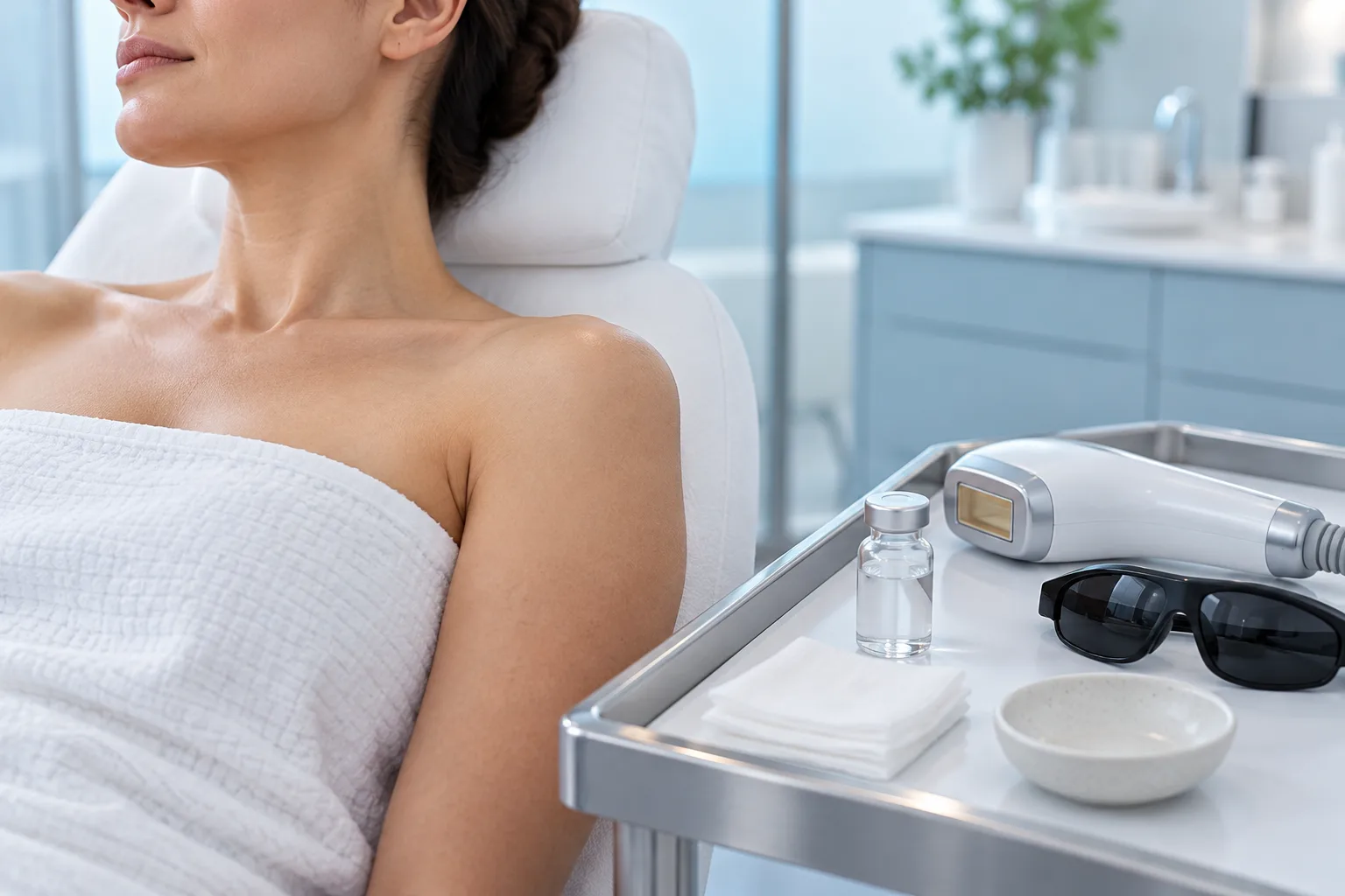 A woman in a towel reclining beside a tray holding a handpiece and protective glasses