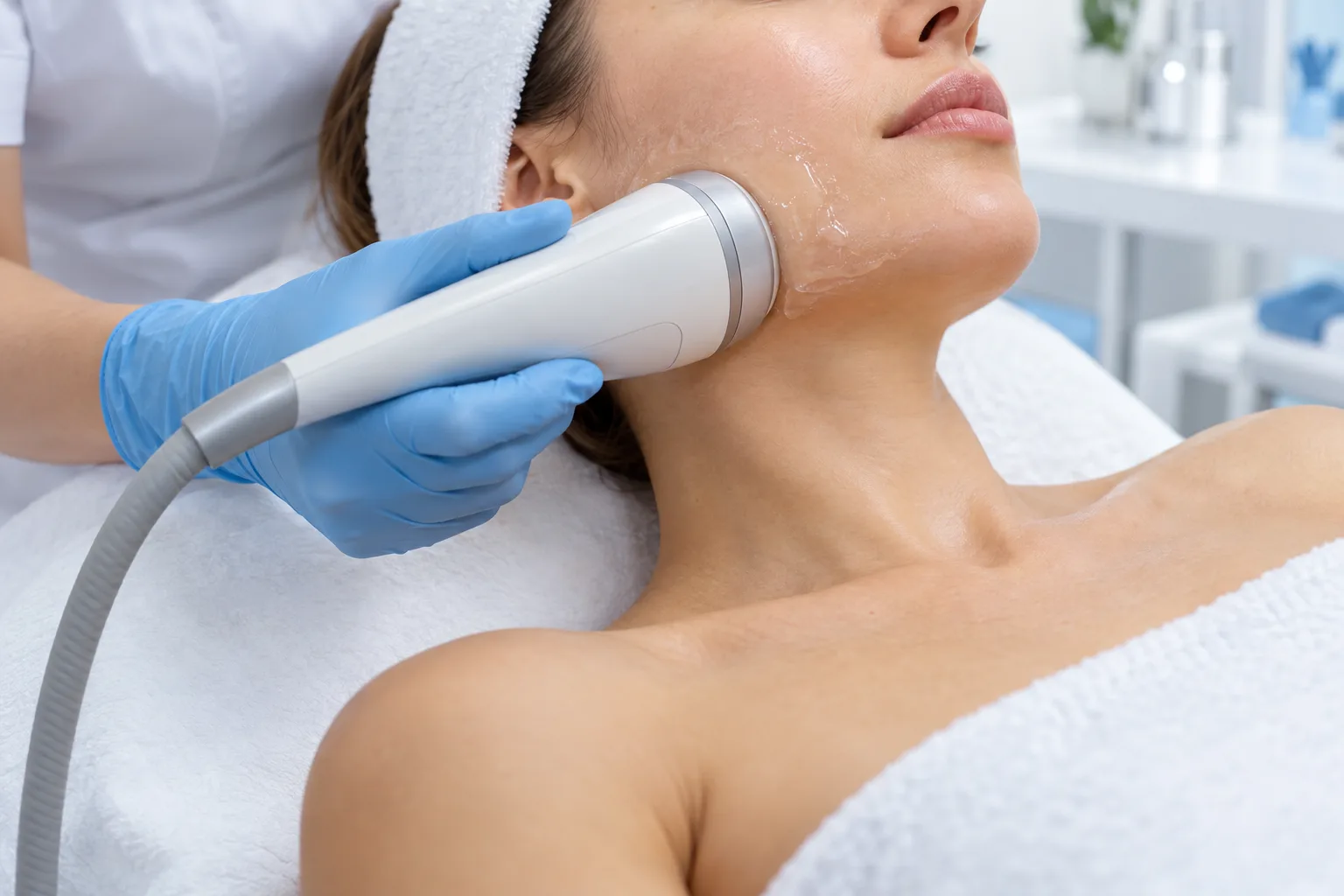 A gloved hand holding an ultrasound handpiece against a reclining woman's jaw
