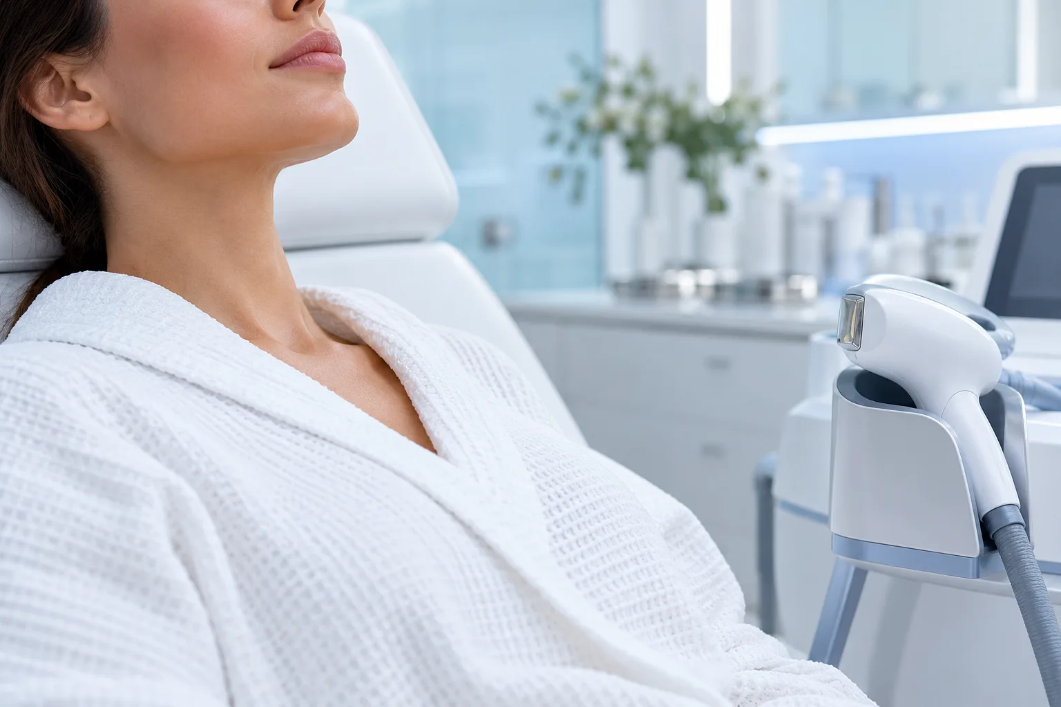 A woman in a robe reclining in a treatment chair beside a laser handpiece