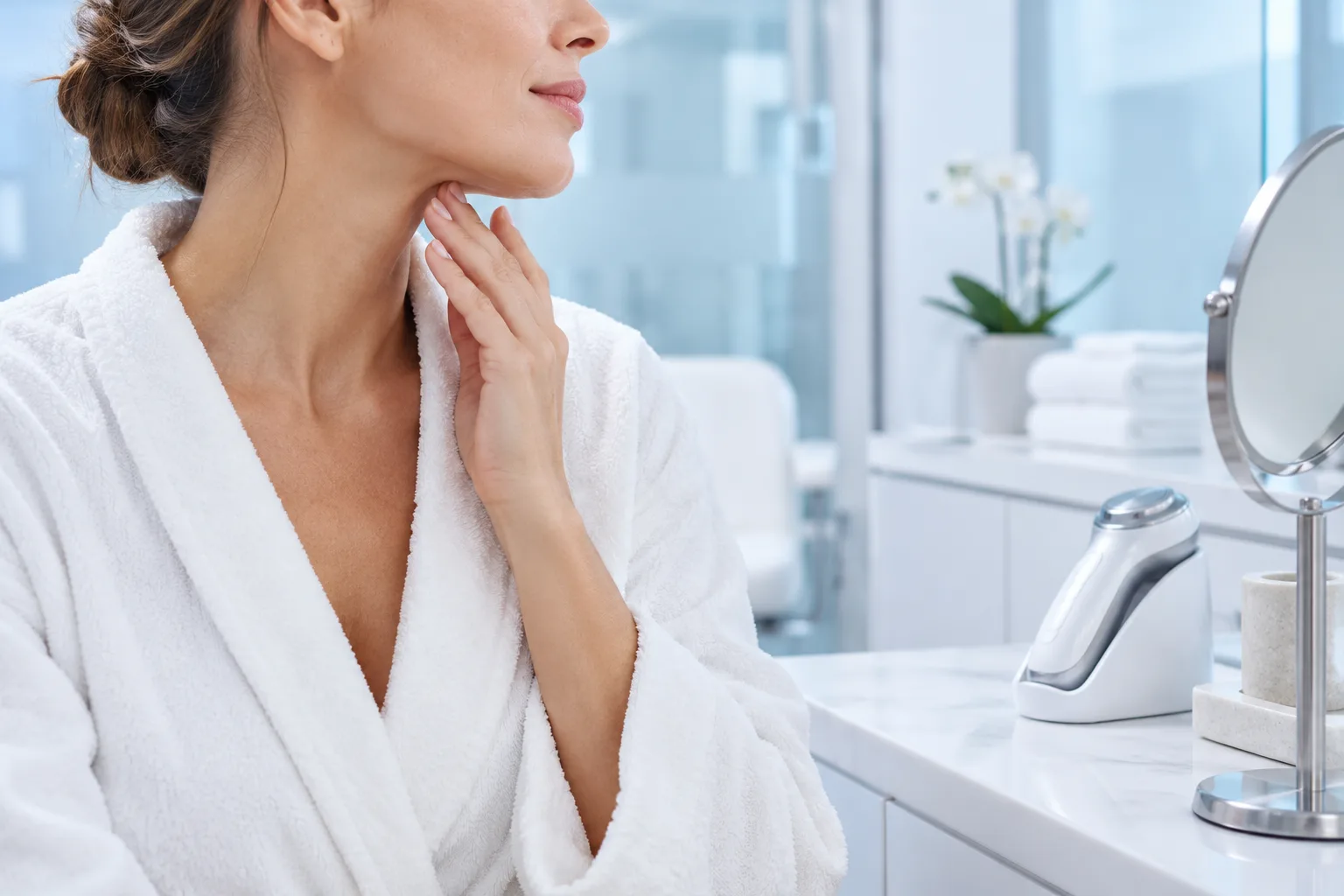 A woman in a robe touching her neck beside a handheld device and a mirror