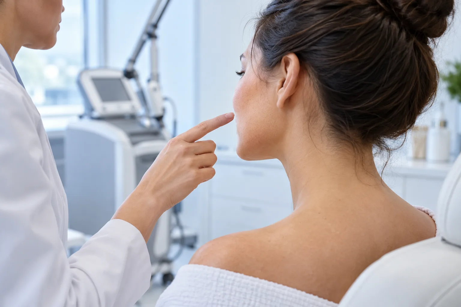 A practitioner pointing to a spot on a seated woman's cheek