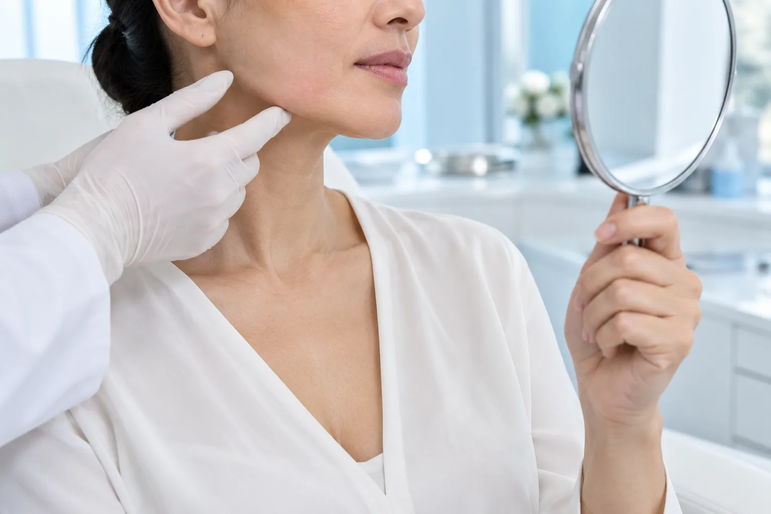 A woman checking her jawline in a hand mirror while a gloved hand rests on her neck
