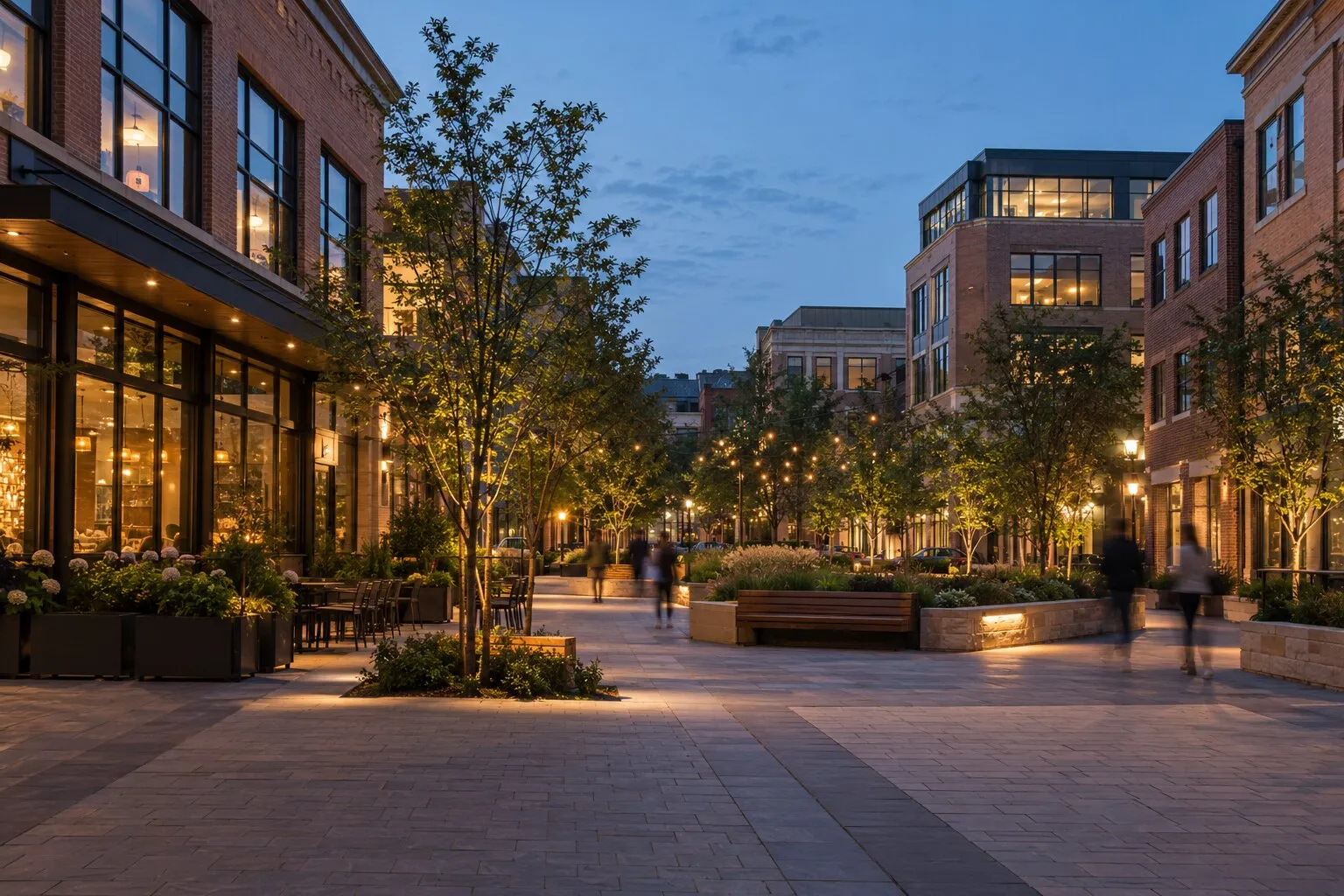 A downtown pedestrian plaza with lit storefronts at dusk